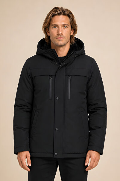 Gizrain Men's Black Fur-Lined Water and Wind Resistant Winter Coat & Parka