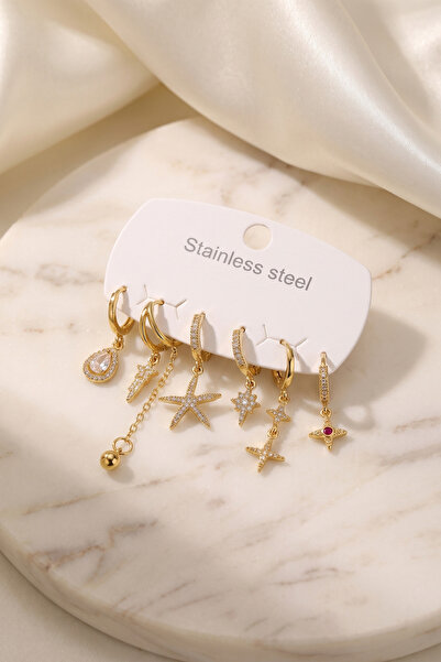 Skygo 316L Steel Gold Color Star Detailed Women's Earring Set Tj-Bkp12076