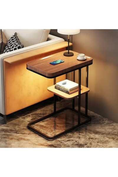 GGEROU C-Shape Side Table, Narrow Sofa Table with 2 Shelves, Metal Frame, Sma...
