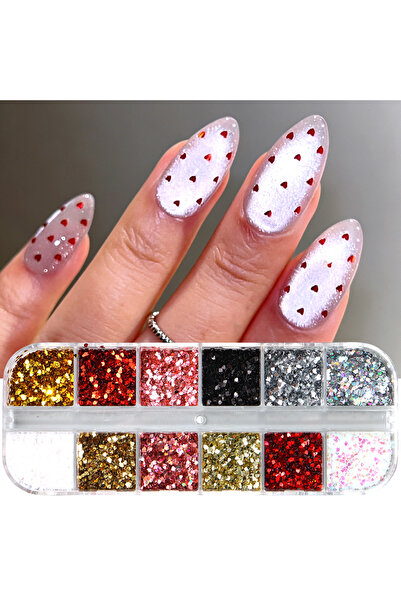 Choice F-180 12 Grids Red Mini Heart Nail Art Sequins Glitter Love Heart Shap...