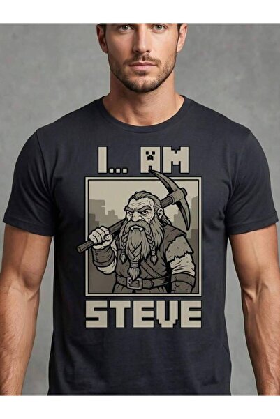 29CUN Men's Hand-Drawn Dwarf Miner Steve T-Shirt - Black Graphic Letter Print...