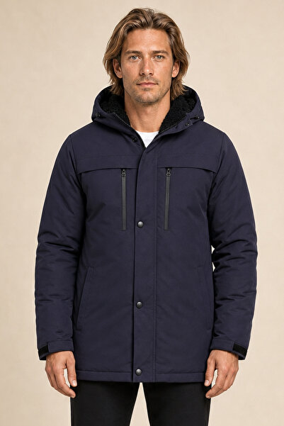 Gizrain Men's Navy Blue Fur-Lined Water and Wind Resistant Winter Coat & Parka