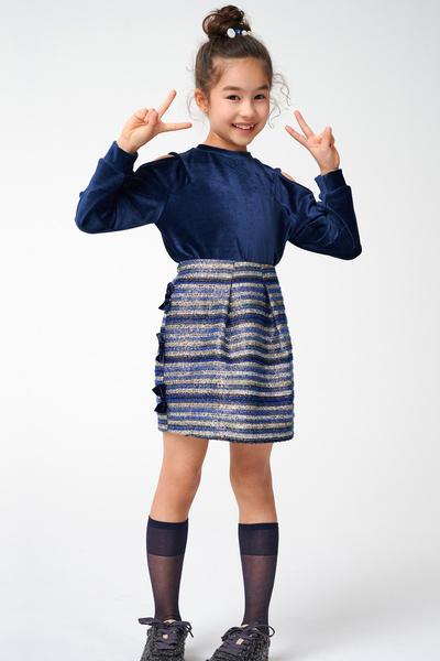 SheShe Velvet Blouse with Shoulder Detail and Striped Jacquard Skirt Set