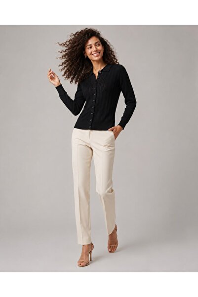 Noi Belis Polo Collar Buttoned Openwork Detailed Long Sleeve Knitwear Cardiga...