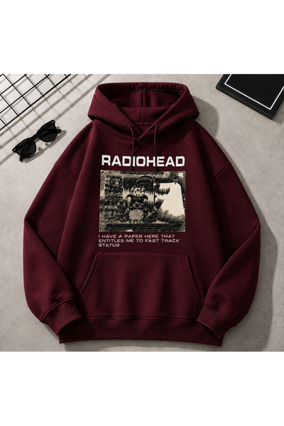 ZAVIXO Radiohead Printed Oversize Hooded Kangaroo Pocket Rock Music Themed Ho...