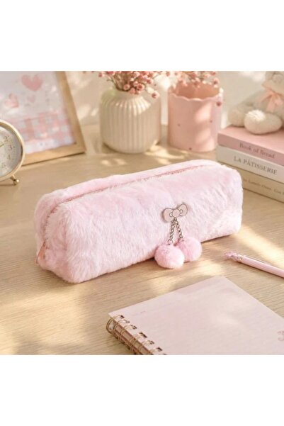 Generic Penar cilindric roz din blană artificială 21 x 6 x 6.8 cm