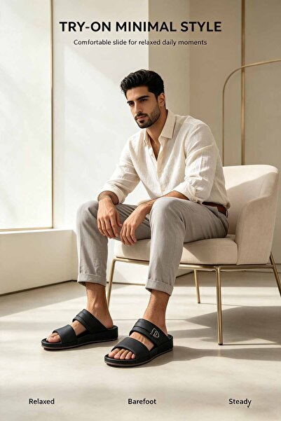 SaudEva Foot Men’s Black Faux‑Leather Two‑Strap Slide Sandals, Adjustable Met...