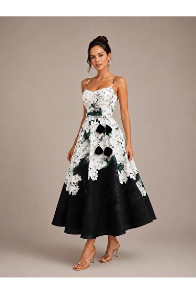 CARLA MARA Black and White Floral Print Elegant Midi Dress
