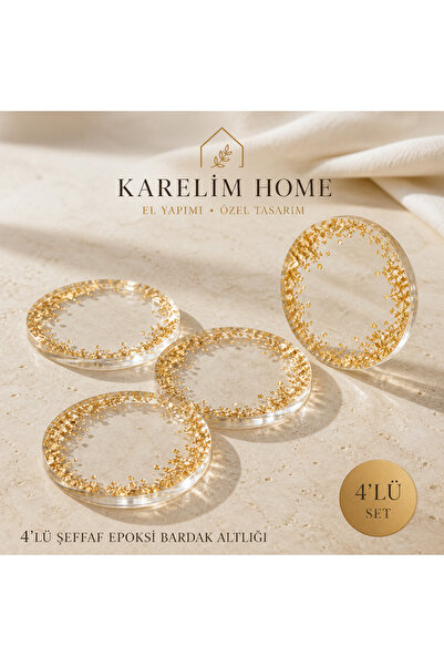 karelim home 4’lü Şeffaf Gold Varaklı Yuvarlak Epoksi Bardak Altlığı Seti