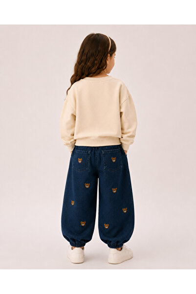Milo Sol Milo+Sol Çocuk Unisex Ayıcık Nakışlı Denim Jean Balon Pantolon