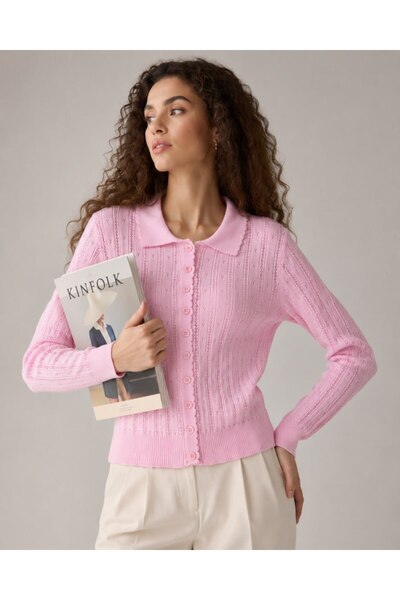 Noi Belis Polo Collar Buttoned Openwork Detailed Long Sleeve Knitwear Cardiga...