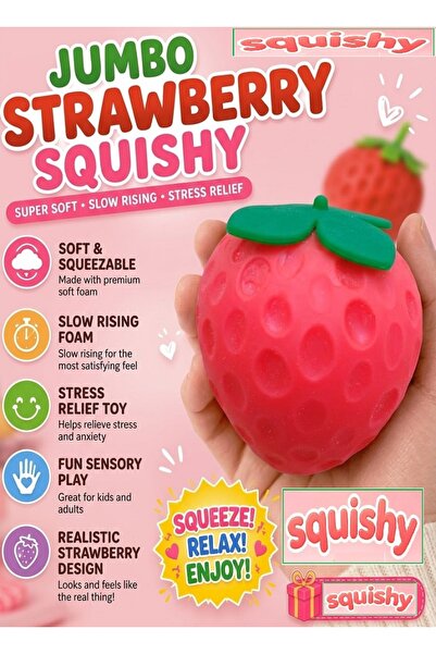 OYUNCAKSAHİLİ Squishy Çilek Sukuşi Strawberry 40cm Uzar 9cm Stres Meyve Squis...