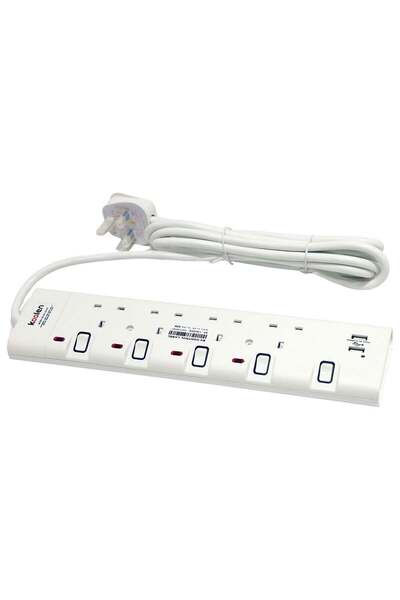 Koolen Plug Socket with Four Plugs and Two USB Ports, 3 Meter Cable Length