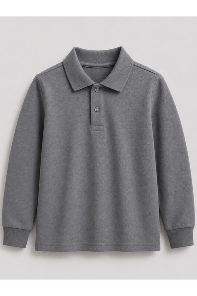 Bambino Unisex Çocuk Gri Uzun Kollu Polo Yaka Okul Tişörtü – %100 Pamuk