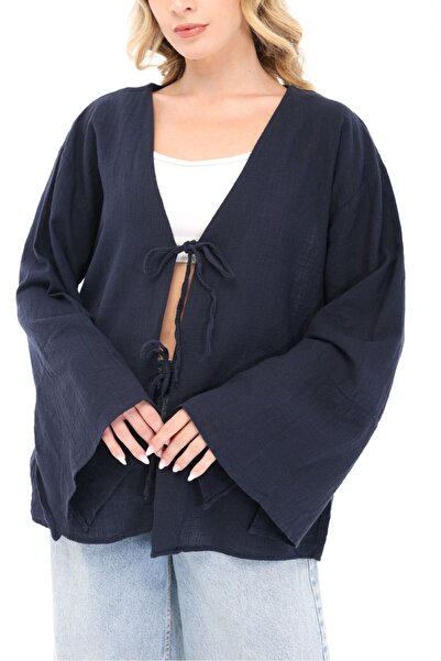 Freemen Kadın Lacivert Oversize Keten Kimono & Bağlama Detaylı Yarasa Kol Rahat Kalıp