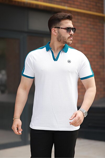 urban wear URBAN Erkek BEYAZ Nakışlı V Polo Yaka Tişört - 2524