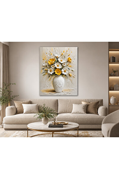 TRADE AYS Beige Concept 3D Kabartma görünümlü Sarı ve Beyaz Çiçekler Tasarımlı Kanvas Tablo | Çerçevesiz Salon Oturma Odası Duvar Dekorasyonu