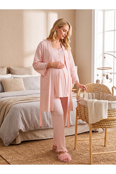 Lohusa Homewear New Season Powder Summer Flax Detailed Buttoned Breastfeeding...