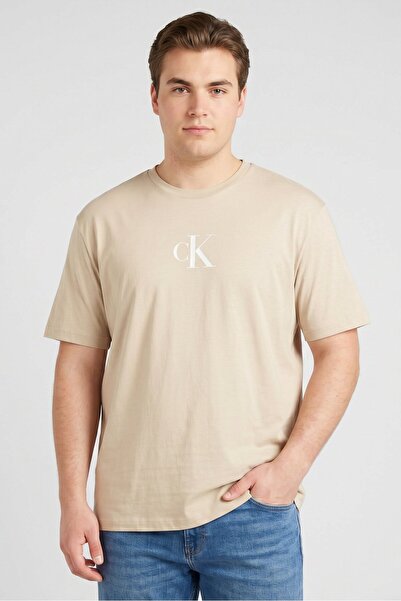 Calvin Klein Jeans Men Crew Neck Short Sleeve Brand Logo T-Shirt, Beige