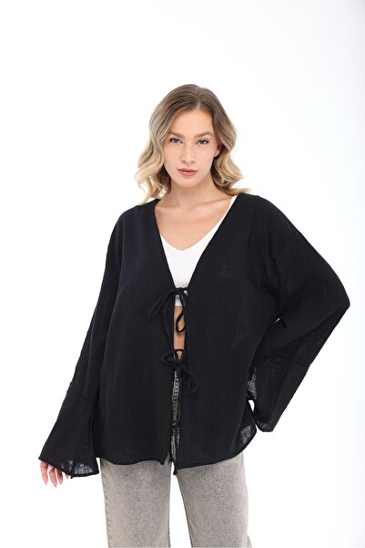 Freemen Kadın Siyah Oversize Keten Kimono & Bağlama Detaylı Yarasa Kol Rahat Kalıp