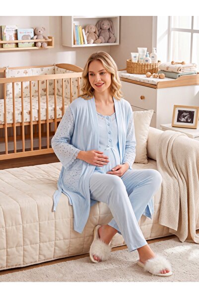 Lohusa Homewear New Season Blue Summer Scallop Linen Detailed Buttoned Breast...