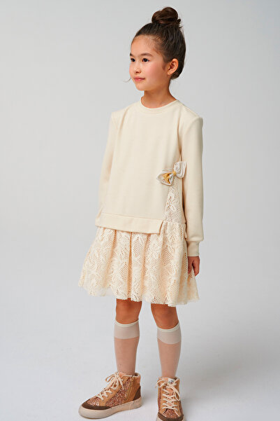 SheShe Bej Dantel Etekli Sweatshirt Elbise