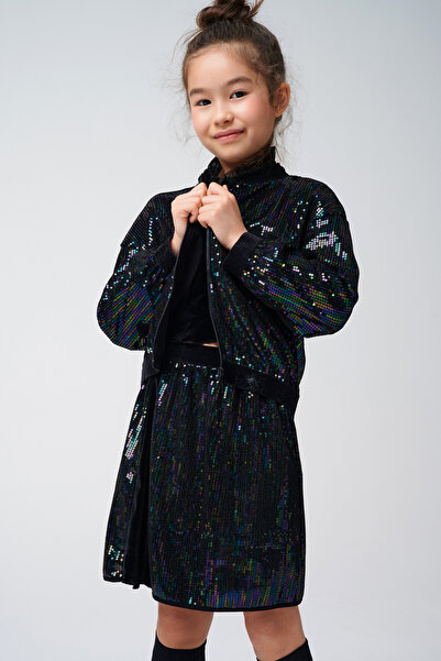 SheShe Black Sequin Bomber Jacket and Skirt Set