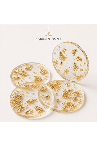 karelim home 4 lü epoksi bardak altlığı şeffaf altın varak detaylı