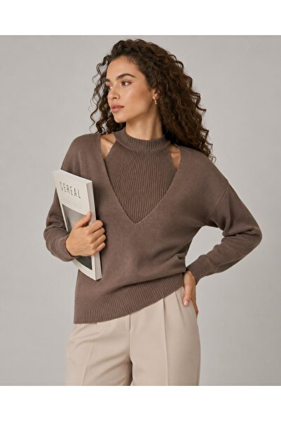 Noi Belis Layered Look V-Neck Collar Detailed Long Sleeve Knitwear Sweater Aw...