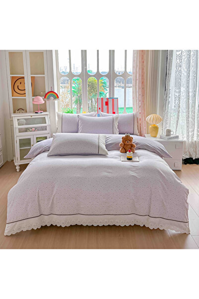 OEM Set Lenjerie de Pat 100% Bumbac cu Dantelă – 4 Piese, Cearceaf cu Elastic