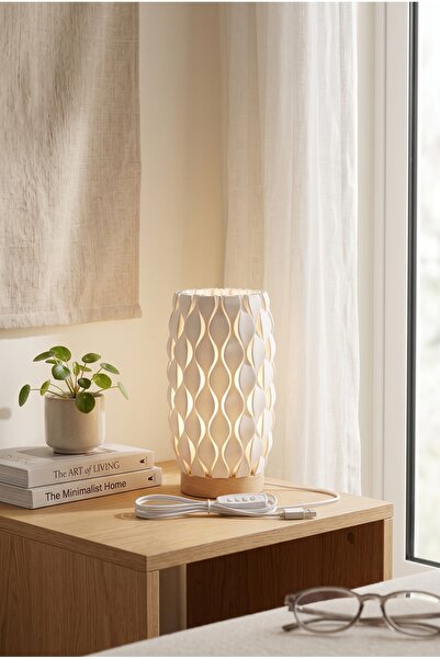 MiniHome Av-334 Dalga Desenli Ahşap Tabanlı Masa Lambası 3 Farklı Renk Işıklı...