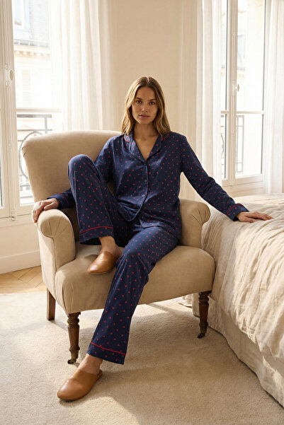 Laperissa Lacivert %100 Pamuklu Kalpli Biyeli Örme Pijama Takımı