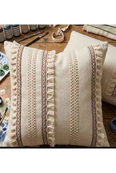 oiphome fashion designer boho kırlent, ekru dekoratif yastık, gabardin kıırle...