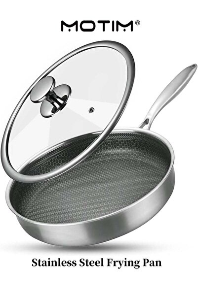 MOTIM Stainless Steel Semi Nonstick Frying Pan with Lid for Gas Electric Indu...