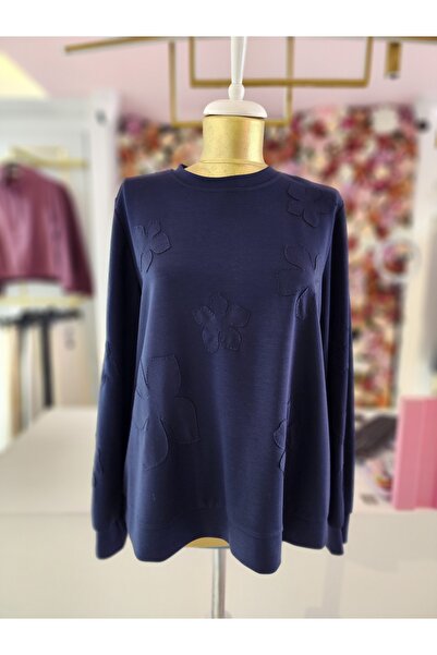 Kayra kadın koyu lacivert çiçek kabartmalı sweatshirt