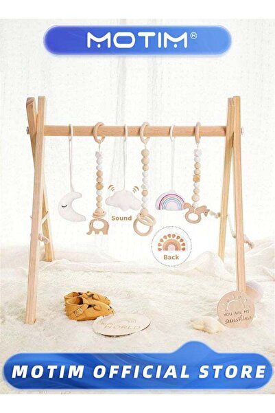 MOTIM Wooden Baby Play Gym with 6 Gym Toys Foldable Frame Activity Center Han...