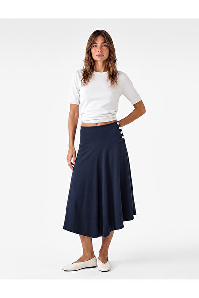 Koton Asymmetrical Midi Flared Skirt with Gem Button Detail