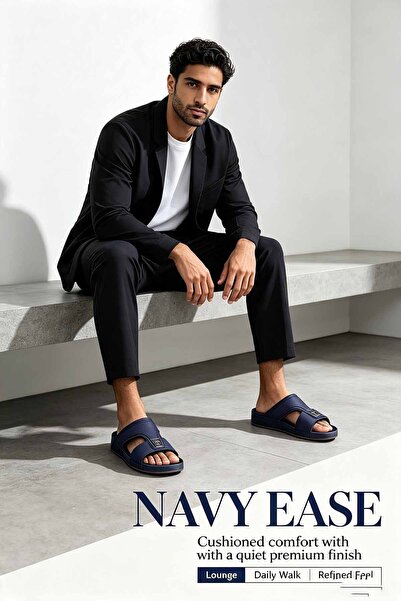 SaudEva Foot Men’s Black Grain‑Textured Faux‑Leather Slide Sandals, Decorativ...