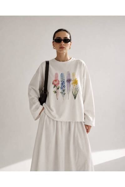 Hira Online Beyaz Botanical Baskılı Tesettüre Uygun Uzun Kollu T-Shirt