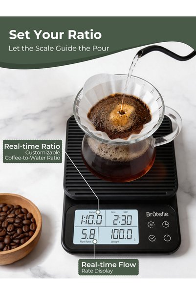 Brutelle V60 Battery Powered Drip Coffee Scale with Timer 0.1g High Precision Digital Espresso Scale with Real-Time Flow Rate Brew Ratio Auto Timer Heat-Resistant Silicone Pad for Pour Over Coffee