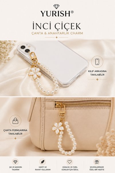 YURISH Pearl Flower Gold Bag Charm and Keychain Charm