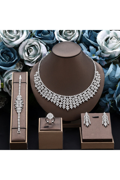 JEWELRY طقم زفاف فاخر من الزركونيا مكون من 4 قطع للنساء، مرصع بالكريستال للحفلات