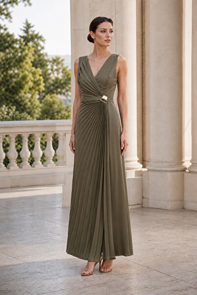 DORİDORCA Women's Wide Strap Satin Fabric Long Evening Dress 8011 Khaki