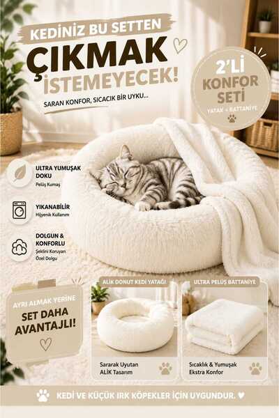 argehome Donut Kedi Yatağı 2’li Set Battaniyeli Peluş Kedi Köpek Yatağı 50 60...