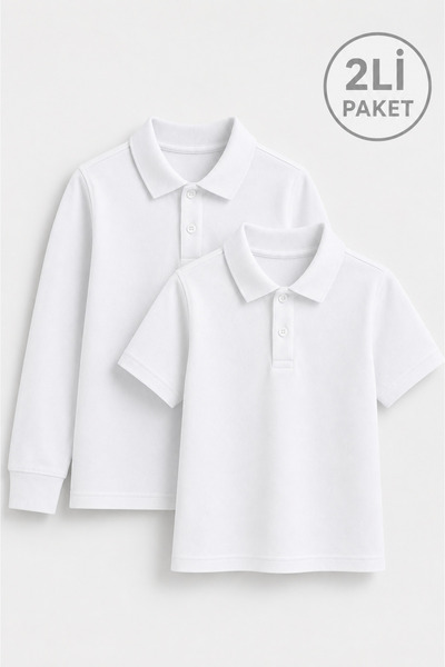 Bambino Unisex Çocuk Beyaz Polo Yaka Okul Tişörtü 2'li Paket – Kısa Kol + Uzu...