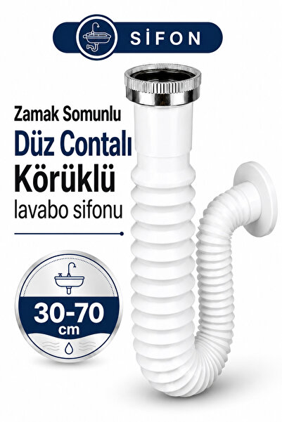 Badem10 30-70 Cm Zamak Somunlu Lavabo Evye Sifonu Uzun Körüklü Uzar Beyaz Düz...