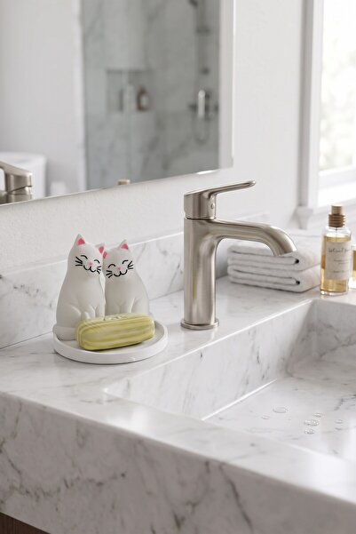 3dfabrick İkili Kedi Figürlü Çok Amaçlı Sabunluk ve Takı Standı - Dekoratif Yüzüklük Organizer
