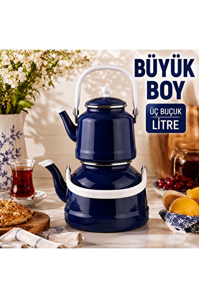ALEV EMAYE Büyük Boy Emaye Çaydanlık Seti – Üst 1,5 Litre, Alt 3,5 Litre, Kap...