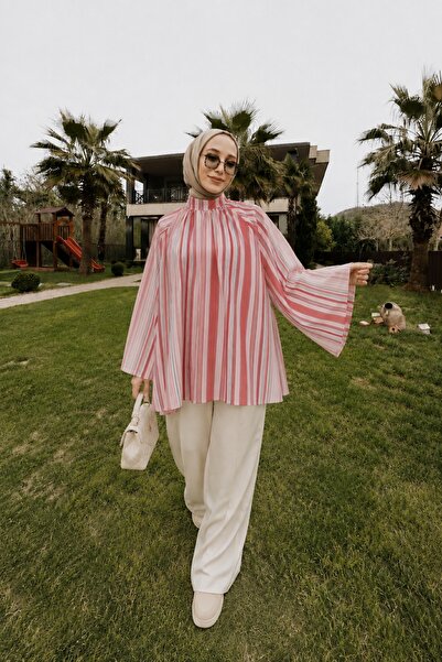 Lunfia Hakim Yaka Çizgili Astarlı Oversize Vual Tunik - G.Kurusu