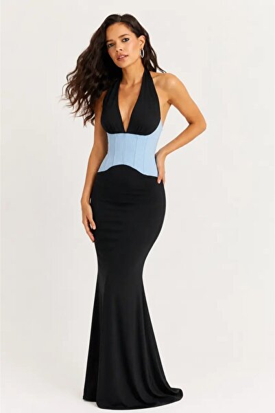 CARLA MARA Black Fish Model Corset Detailed Long Evening Dress